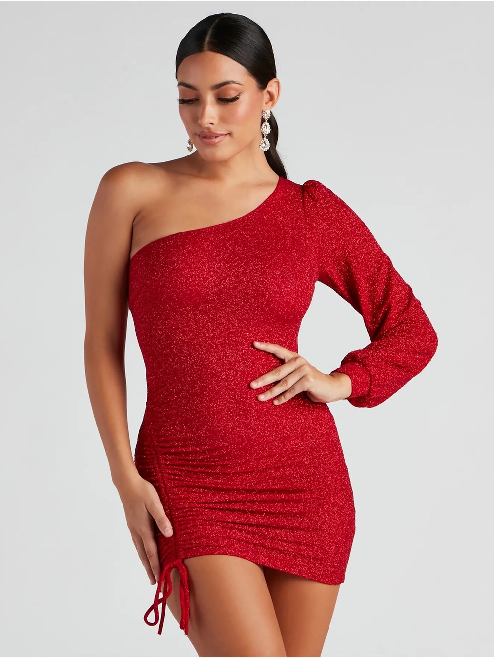 WINDSOR Evening Of Sparkle Balloon Sleeve Ruche Mini Dress in Red